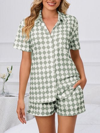 Plaid Shawl Collar Short Sleeve Shirt With Shorts Casual Pajama Set