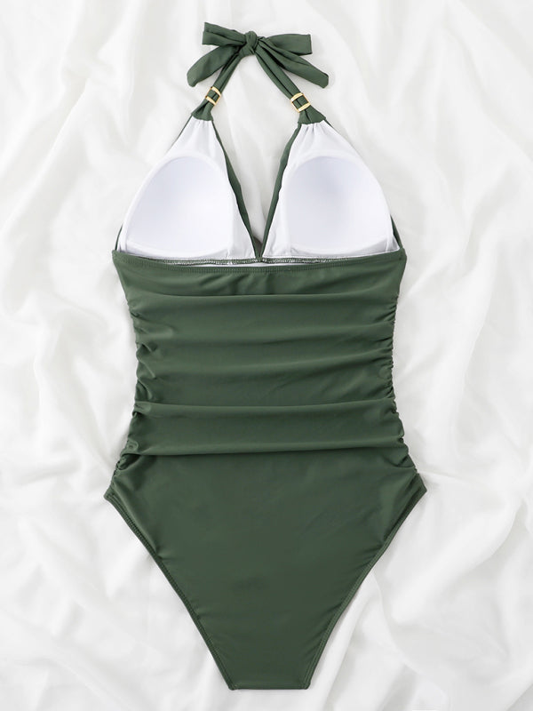 Womens Plunge Halter One Piece Swimsuit SIZE S-XL
