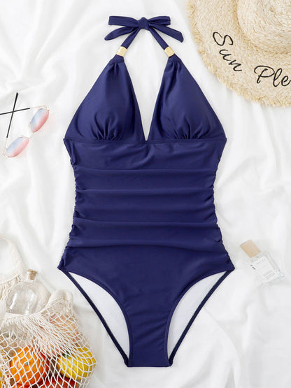 Womens Plunge Halter One Piece Swimsuit SIZE S-XL