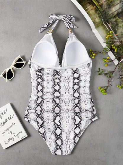 Womens Plunge Halter One Piece Swimsuit SIZE S-XL