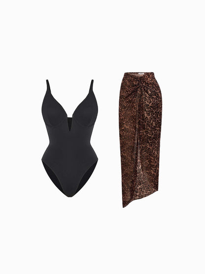 Shapewear Slimming One-Piece Swimsuit Mesh Coverup Set