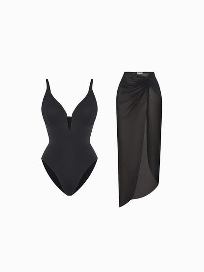 Shapewear Slimming One-Piece Swimsuit Mesh Coverup Set