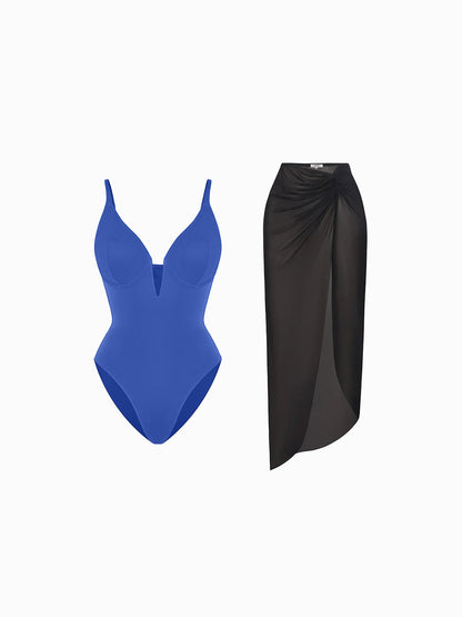 Shapewear Slimming One-Piece Swimsuit Mesh Coverup Set