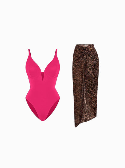 Shapewear Slimming One-Piece Swimsuit Mesh Coverup Set