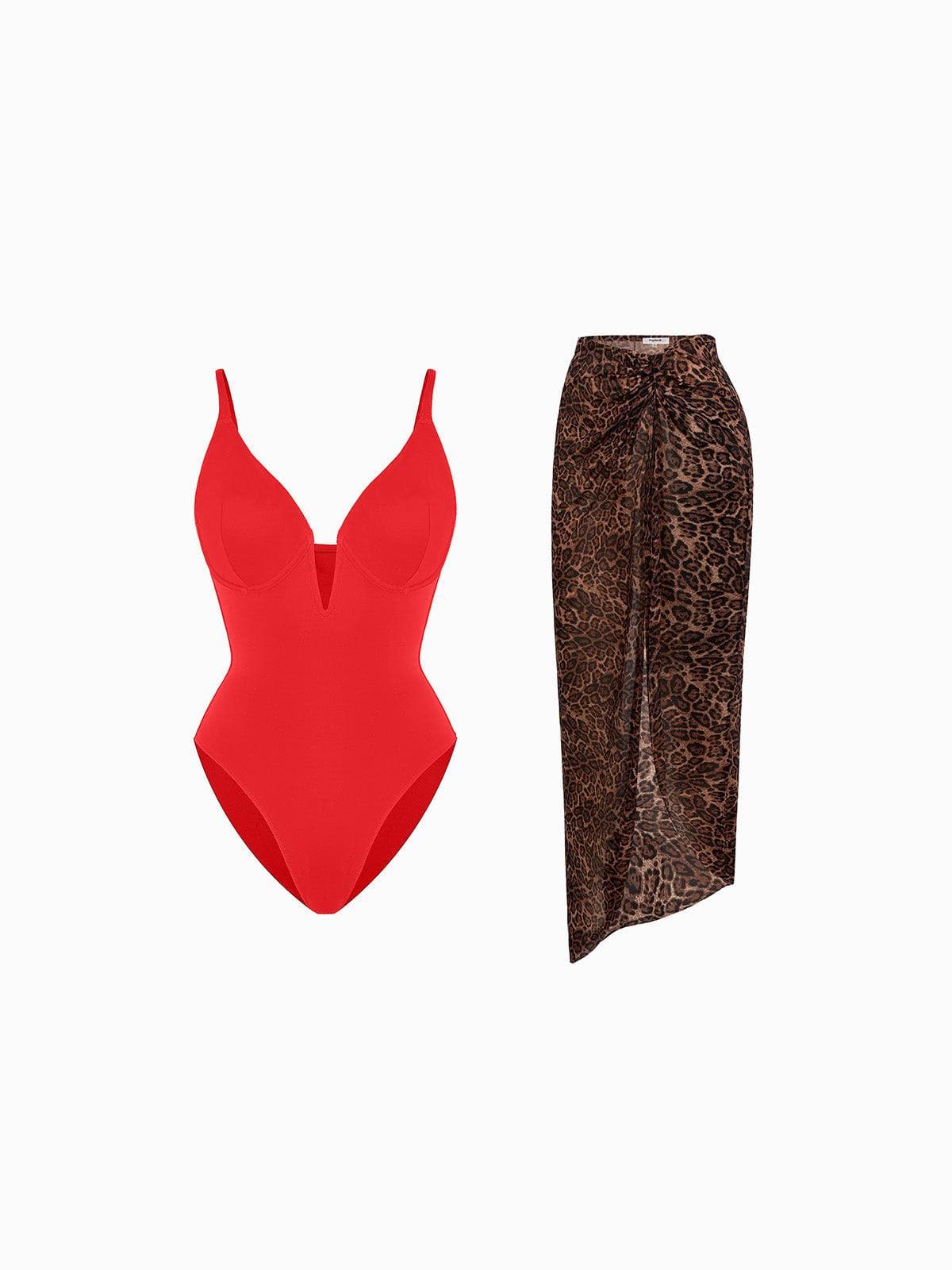 Shapewear Slimming One-Piece Swimsuit Mesh Coverup Set